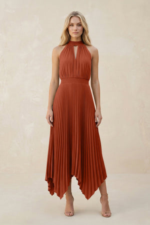 Halter Neck Pleated A - Line Chiffon Bridesmaid Dress in Spice - KissProm Bridesmaid Dresses