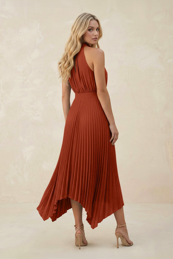 Halter Neck Pleated A - Line Chiffon Bridesmaid Dress in Spice - KissProm Bridesmaid Dresses