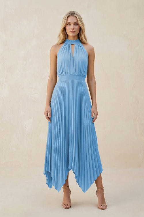 Halter Neck Pleated A - Line Chiffon Bridesmaid Dress in Steel Blue - KissProm Bridesmaid Dresses