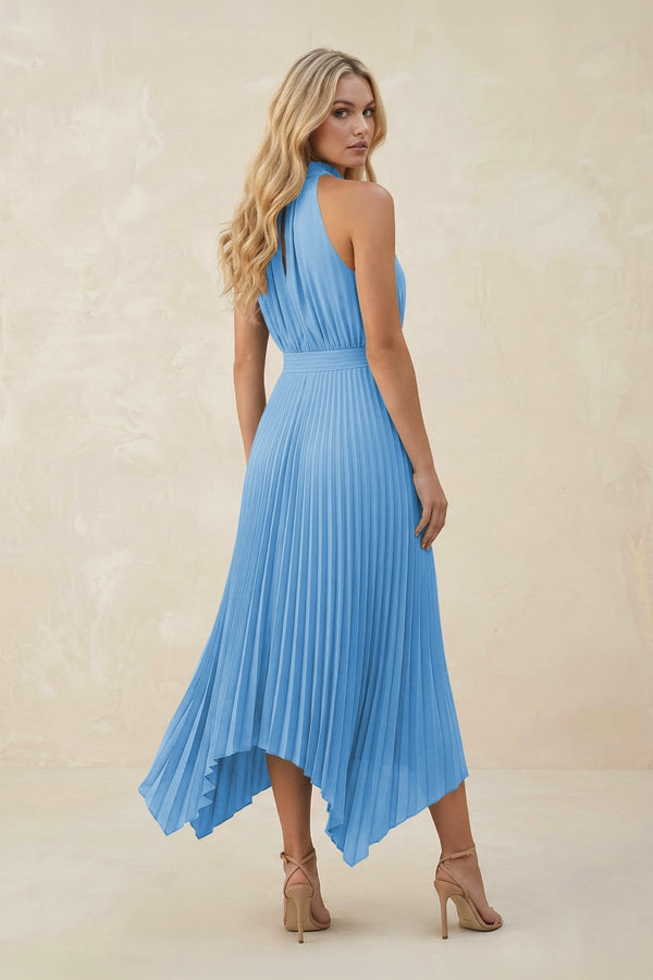 Halter Neck Pleated A - Line Chiffon Bridesmaid Dress in Steel Blue - KissProm Bridesmaid Dresses