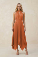 Halter Neck Pleated A - Line Chiffon Bridesmaid Dress in Terracotta - KissProm Bridesmaid Dresses