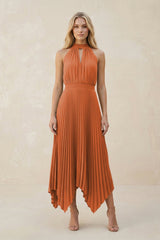 Halter Neck Pleated A - Line Chiffon Bridesmaid Dress in Terracotta - KissProm Bridesmaid Dresses