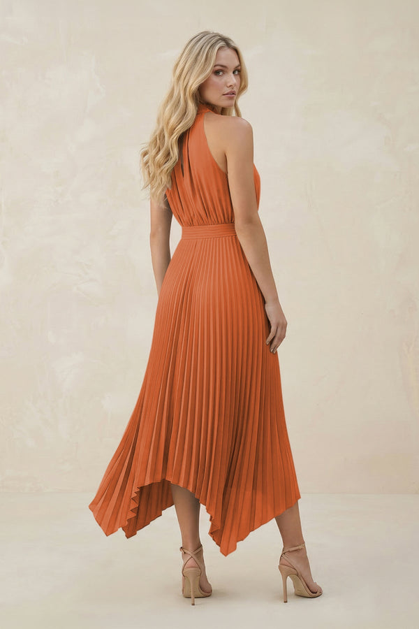 Halter Neck Pleated A - Line Chiffon Bridesmaid Dress in Terracotta - KissProm Bridesmaid Dresses