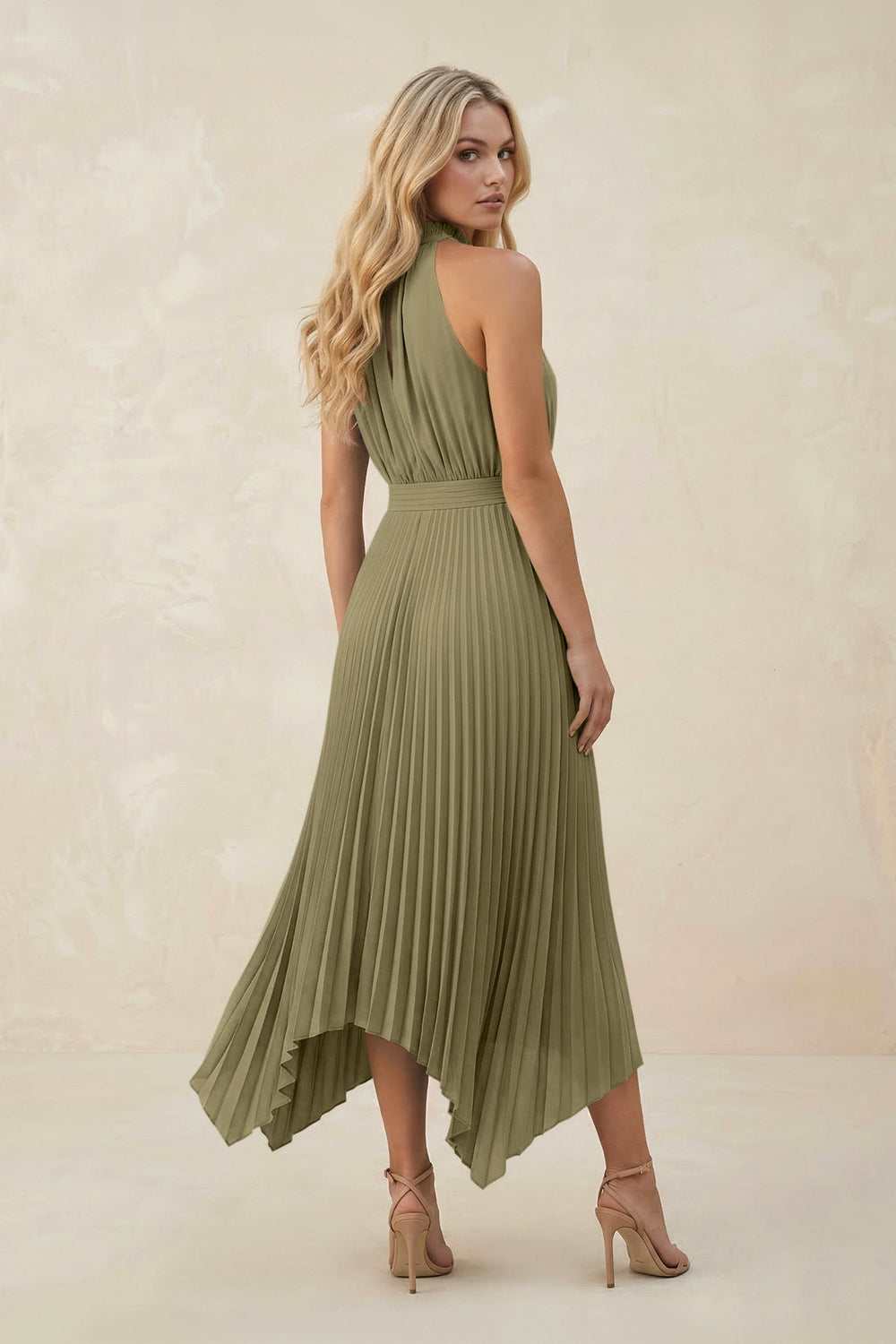 Halter Neck Pleated A - Line Chiffon Bridesmaid Dress in Thyme - KissProm Bridesmaid Dresses