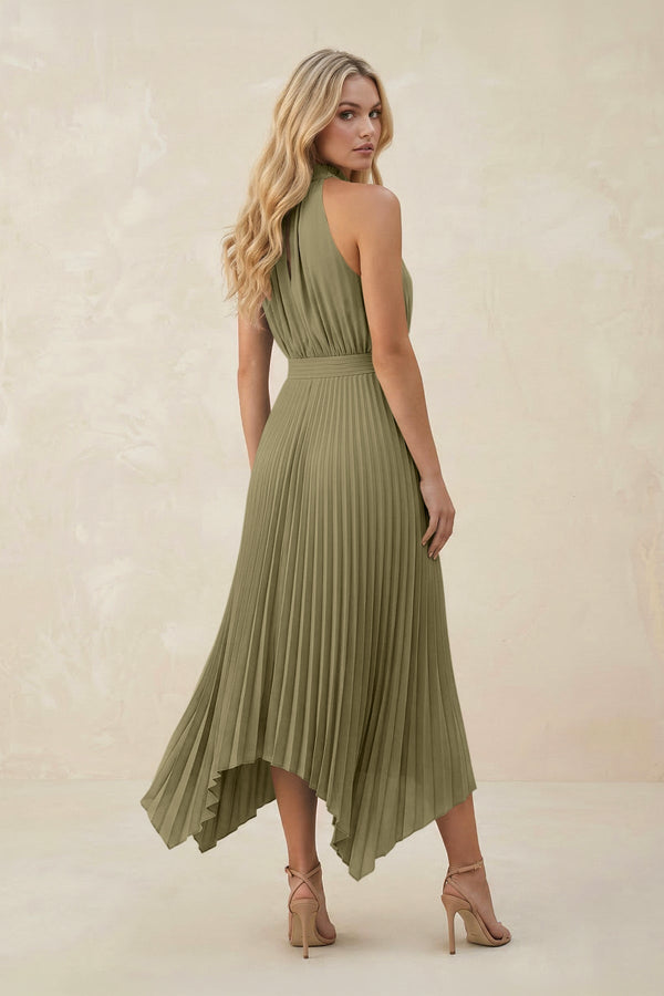 Halter Neck Pleated A - Line Chiffon Bridesmaid Dress in Thyme - KissProm Bridesmaid Dresses
