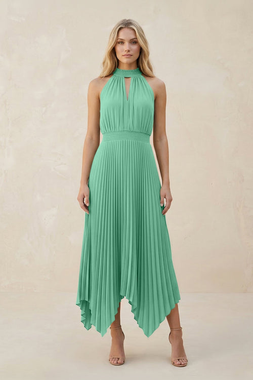 Halter Neck Pleated A - Line Chiffon Bridesmaid Dress in Turquoise - KissProm Bridesmaid Dresses
