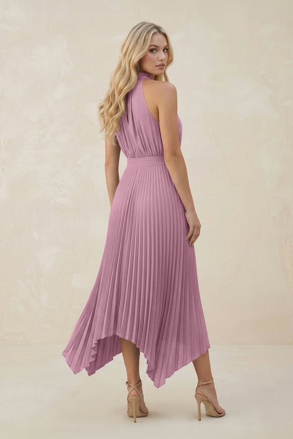 Halter Neck Pleated A - Line Chiffon Bridesmaid Dress in Vintage Mauve - KissProm Bridesmaid Dresses