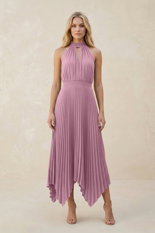 Halter Neck Pleated A - Line Chiffon Bridesmaid Dress in Vintage Mauve - KissProm Bridesmaid Dresses