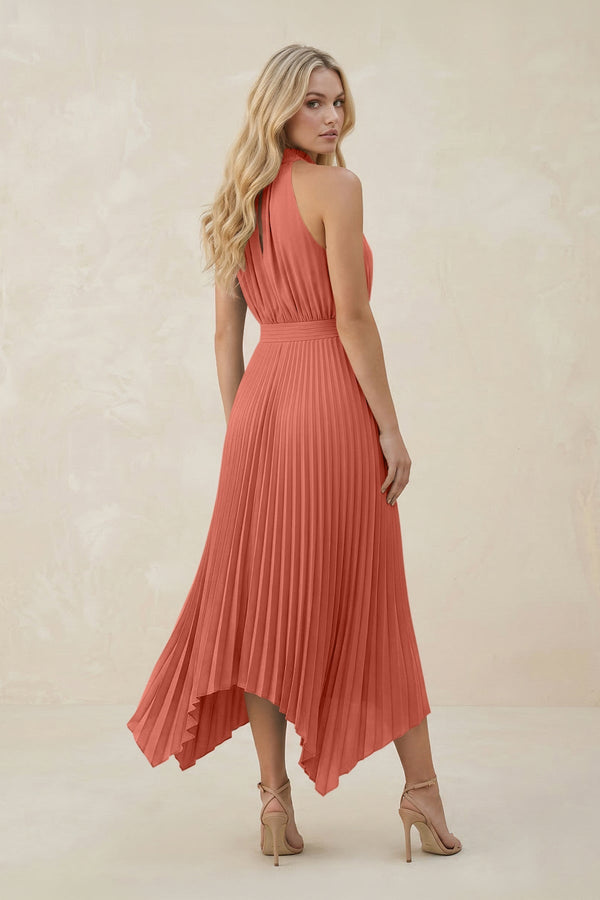 Halter Neck Pleated A - Line Chiffon Bridesmaid Dress in Wild Rose - KissProm Bridesmaid Dresses