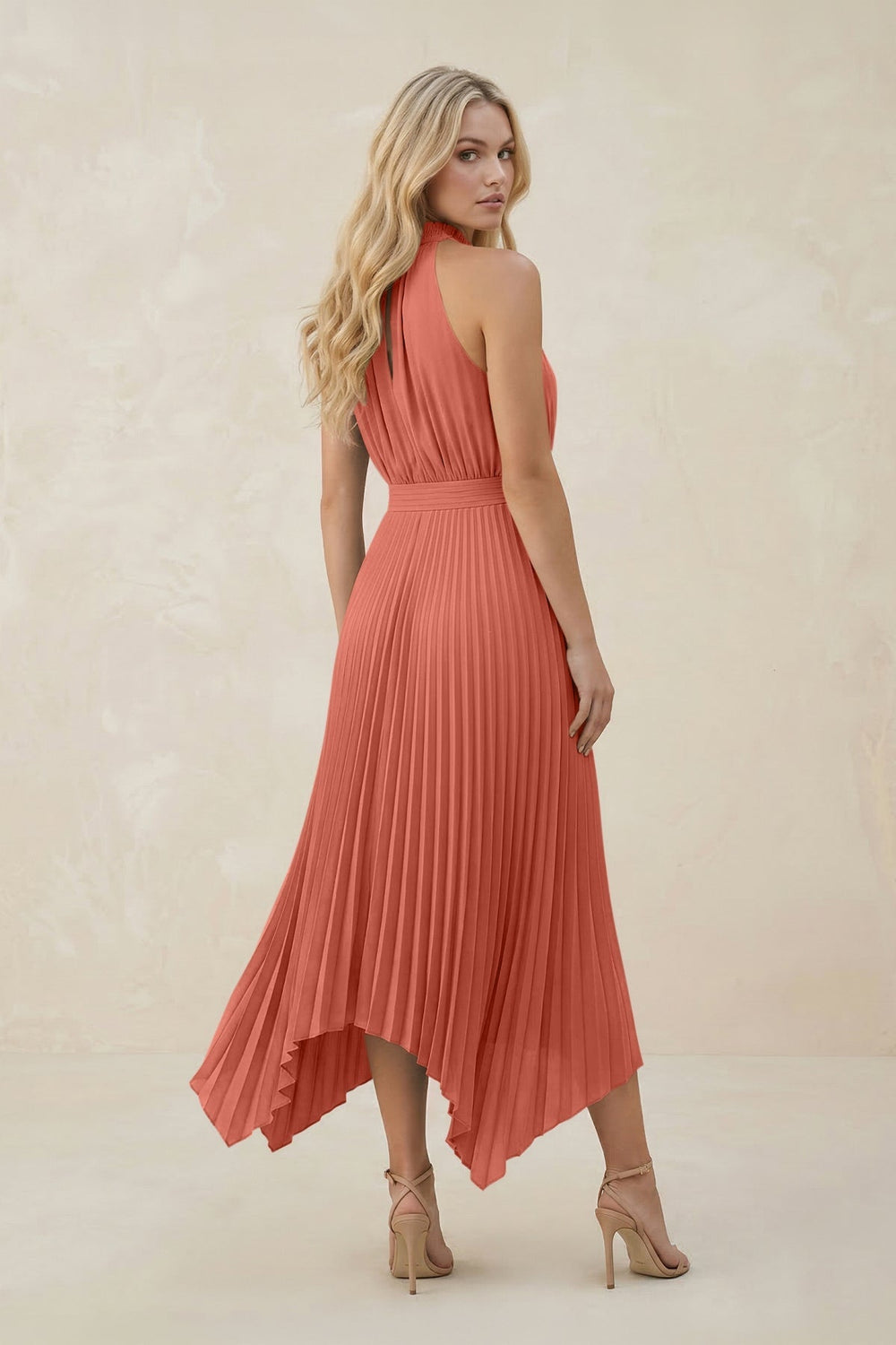Halter Neck Pleated A - Line Chiffon Bridesmaid Dress in Wild Rose - KissProm Bridesmaid Dresses