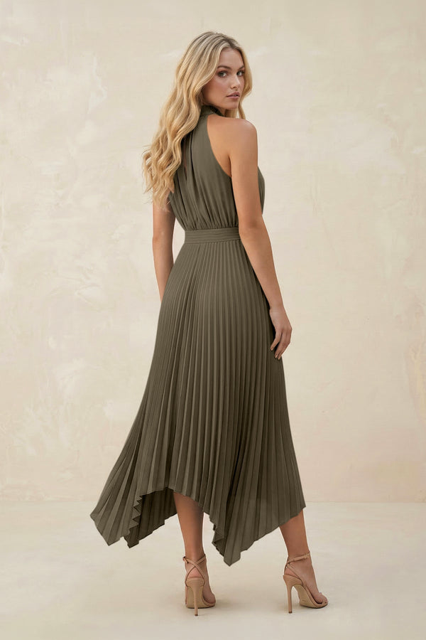 Halter Neck Pleated A - Line Chiffon Bridesmaid Dress in Willow Green - KissProm Bridesmaid Dresses