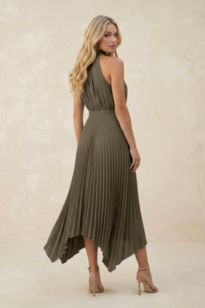 Halter Neck Pleated A - Line Chiffon Bridesmaid Dress in Willow Green - KissProm Bridesmaid Dresses