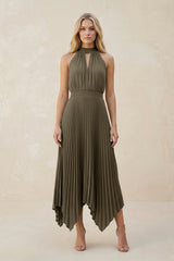Halter Neck Pleated A - Line Chiffon Bridesmaid Dress in Willow Green - KissProm Bridesmaid Dresses