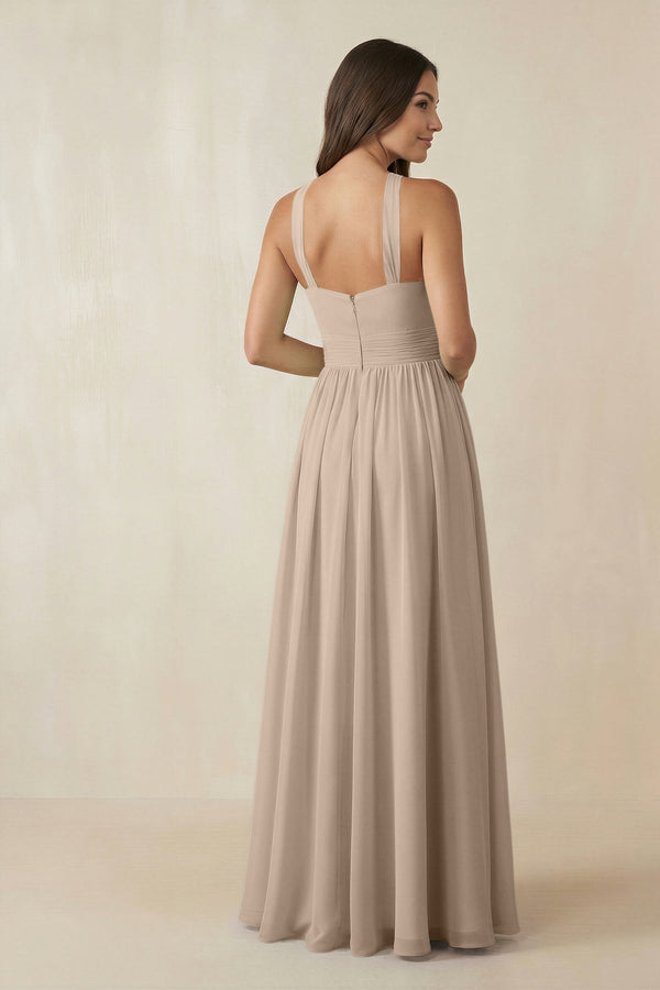 Halter Neck Ruched A-Line Chiffon Dress in Almond - KissProm BRIDESMAID DRESSES