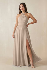 Halter Neck Ruched A-Line Chiffon Dress in Almond - KissProm BRIDESMAID DRESSES