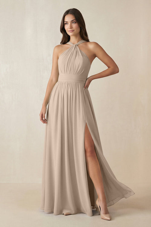 Halter Neck Ruched A-Line Chiffon Dress in Almond - KissProm BRIDESMAID DRESSES