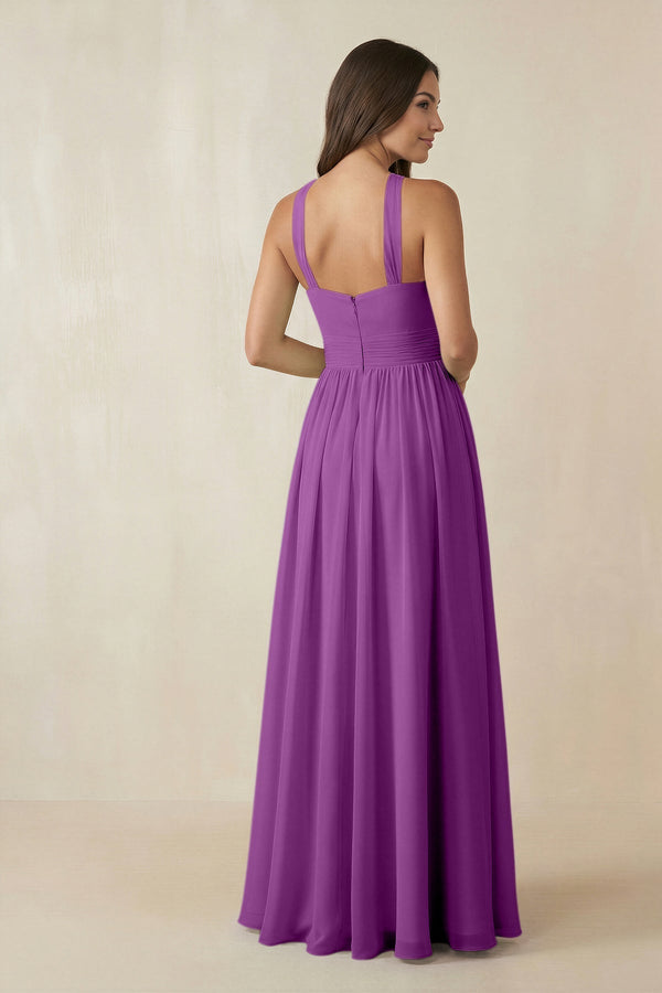 Halter Neck Ruched A-Line Chiffon Dress in Amethyst - KissProm BRIDESMAID DRESSES
