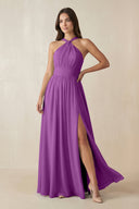 Halter Neck Ruched A-Line Chiffon Dress in Amethyst - KissProm BRIDESMAID DRESSES