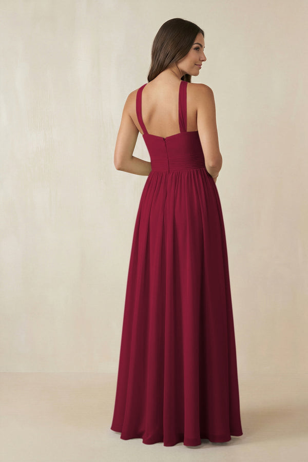 Halter Neck Ruched A-Line Chiffon Dress in Berry - KissProm BRIDESMAID DRESSES
