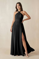 Halter Neck Ruched A-Line Chiffon Dress in Black - KissProm BRIDESMAID DRESSES