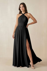 Halter Neck Ruched A-Line Chiffon Dress in Black - KissProm BRIDESMAID DRESSES