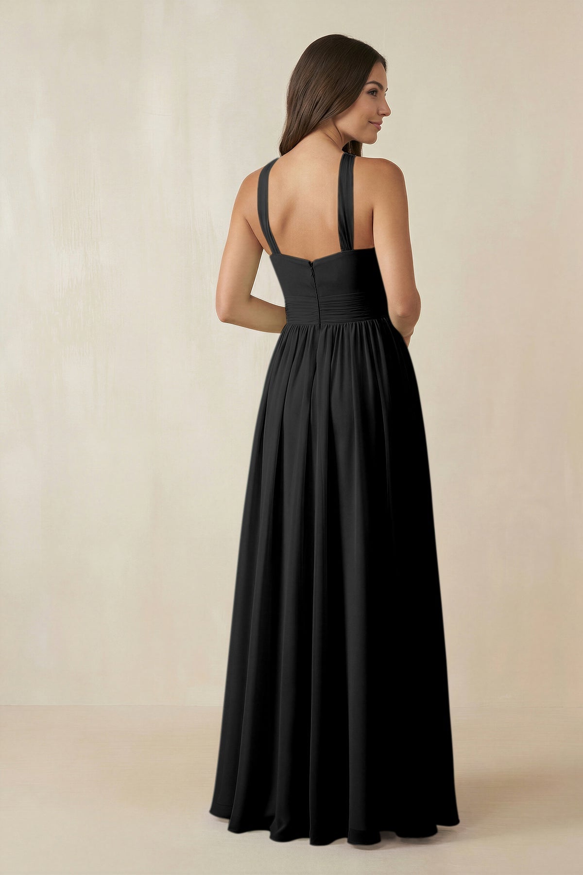 KissProm Halter Neck Ruched A-Line Chiffon Bridesmaid Dress in Black, Black / 18