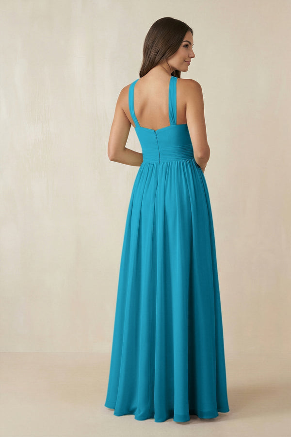 Halter Neck Ruched A-Line Chiffon Dress in Blue Jay - KissProm BRIDESMAID DRESSES