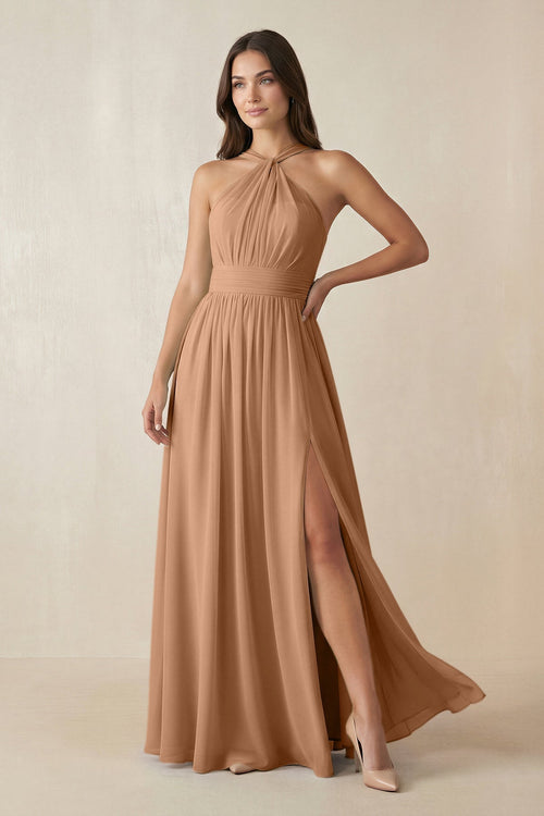 Halter Neck Ruched A-Line Chiffon Dress in Bronzer - KissProm BRIDESMAID DRESSES
