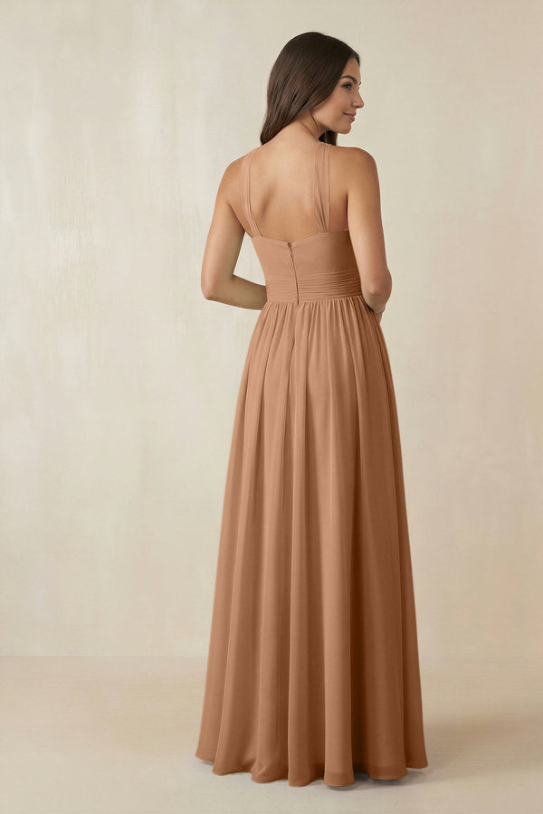 Halter Neck Ruched A-Line Chiffon Dress in Bronzer - KissProm BRIDESMAID DRESSES
