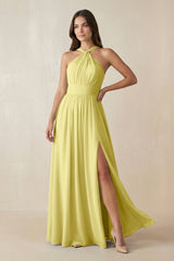 Halter Neck Ruched A-Line Chiffon Dress in Buttercup - KissProm BRIDESMAID DRESSES