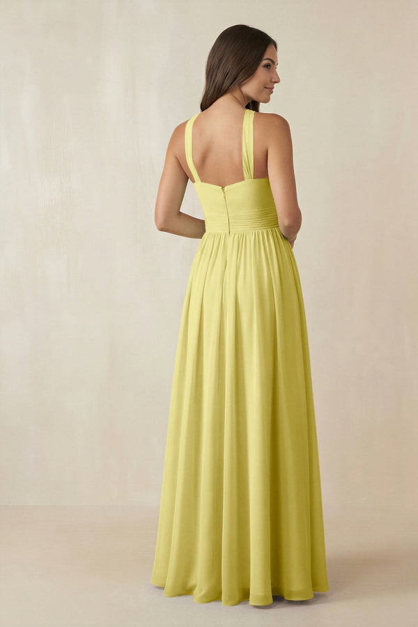 Halter Neck Ruched A-Line Chiffon Dress in Buttercup - KissProm BRIDESMAID DRESSES