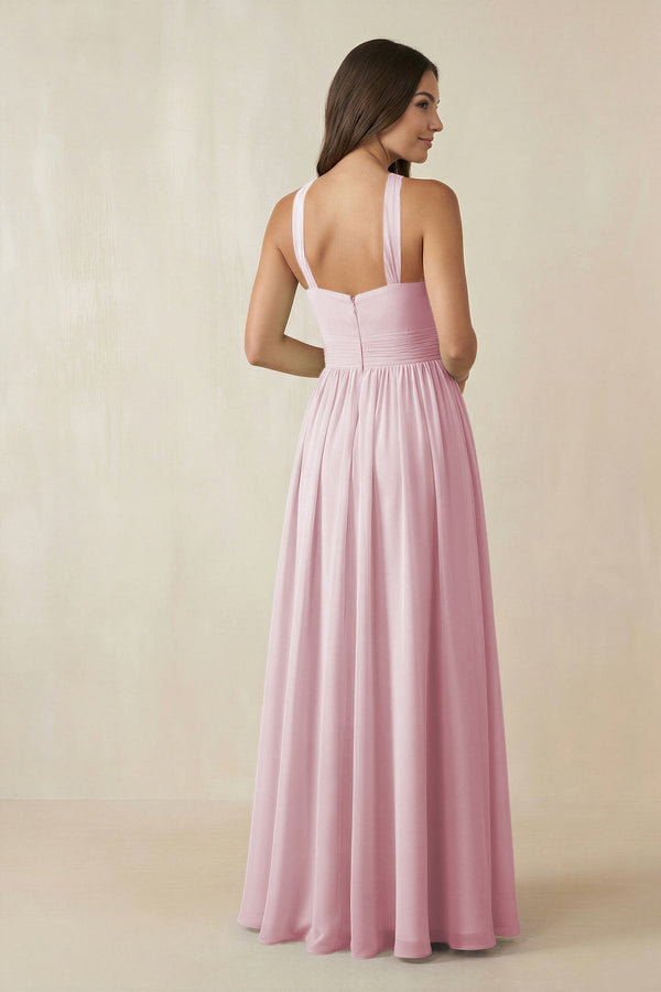 Halter Neck Ruched A-Line Chiffon Dress in Candy Pink - KissProm BRIDESMAID DRESSES