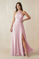 Halter Neck Ruched A-Line Chiffon Dress in Candy Pink - KissProm BRIDESMAID DRESSES