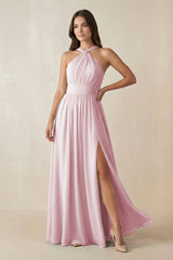 Halter Neck Ruched A-Line Chiffon Dress in Candy Pink - KissProm BRIDESMAID DRESSES
