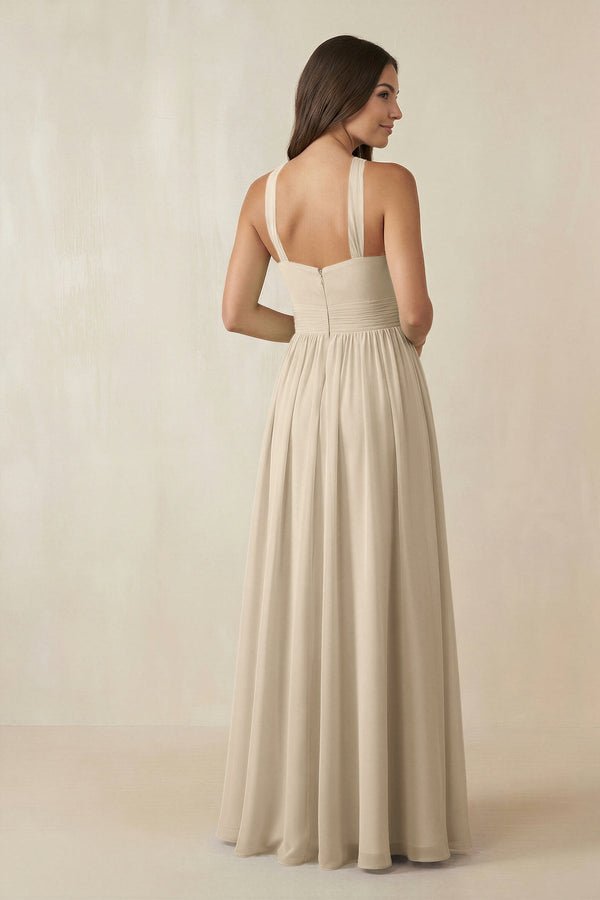 Halter Neck Ruched A-Line Chiffon Dress in Champagne - KissProm BRIDESMAID DRESSES