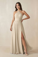 Halter Neck Ruched A-Line Chiffon Dress in Champagne - KissProm BRIDESMAID DRESSES