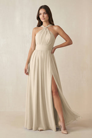 Halter Neck Ruched A-Line Chiffon Dress in Champagne - KissProm BRIDESMAID DRESSES