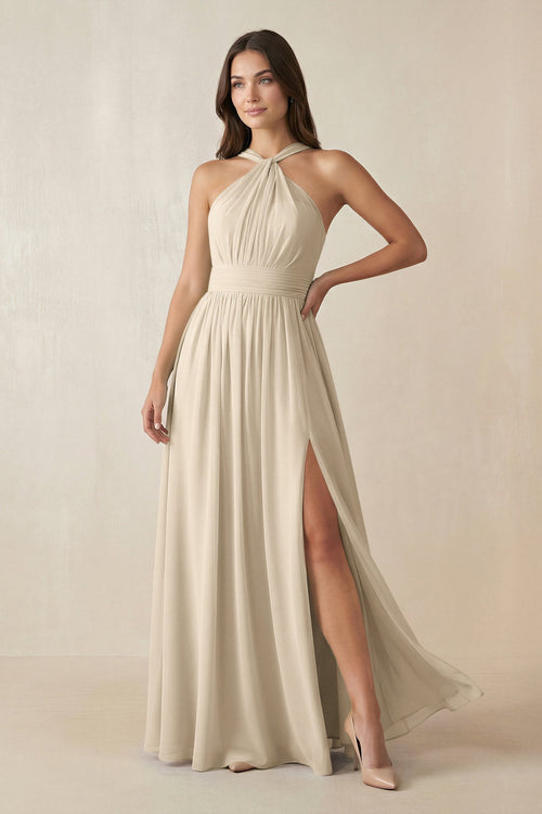 Halter Neck Ruched A-Line Chiffon Dress in Champagne - KissProm BRIDESMAID DRESSES