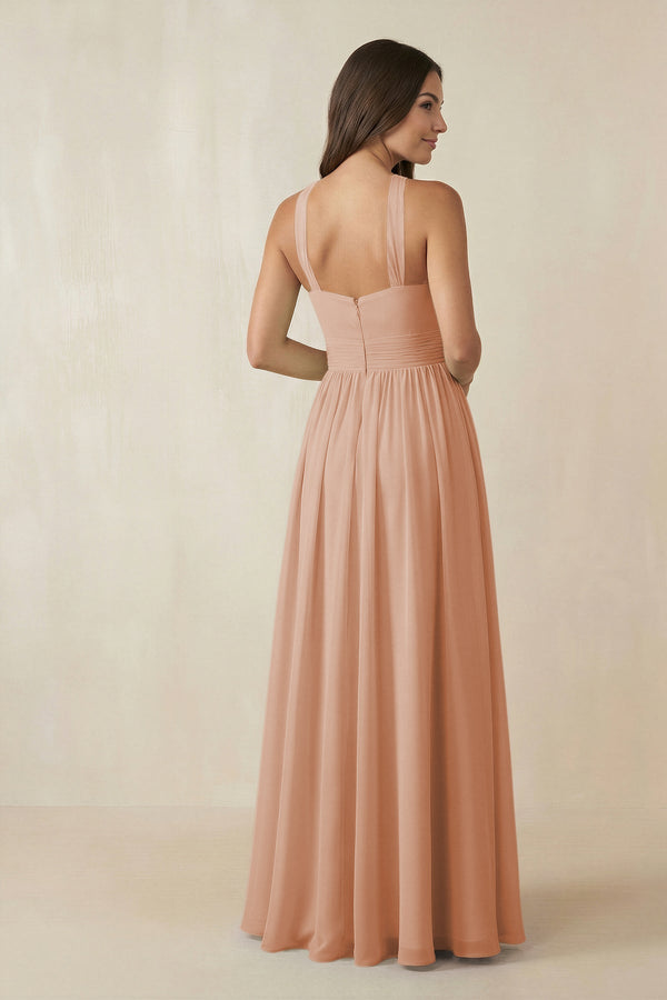 Halter Neck Ruched A-Line Chiffon Dress in Champagne Rose - KissProm BRIDESMAID DRESSES