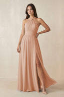 Halter Neck Ruched A-Line Chiffon Dress in Champagne Rose - KissProm BRIDESMAID DRESSES
