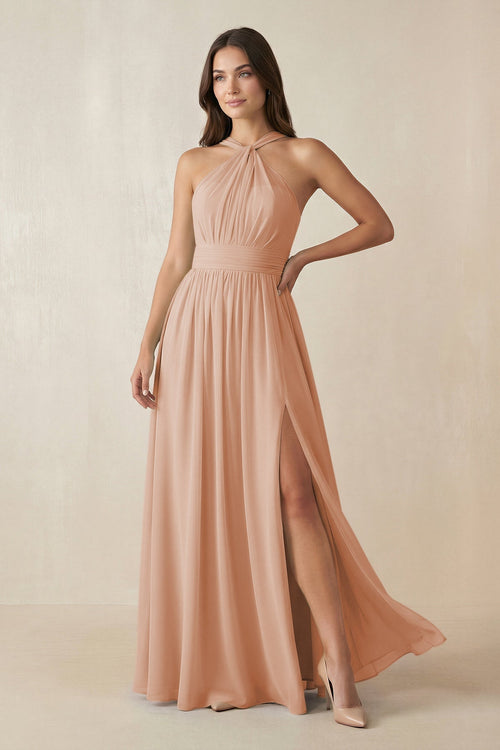 Halter Neck Ruched A-Line Chiffon Dress in Champagne Rose - KissProm BRIDESMAID DRESSES