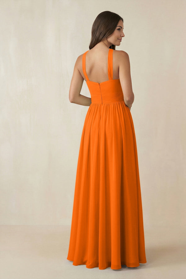 Halter Neck Ruched A-Line Chiffon Dress in Cinnamon - KissProm BRIDESMAID DRESSES