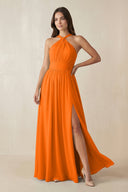Halter Neck Ruched A-Line Chiffon Dress in Cinnamon - KissProm BRIDESMAID DRESSES