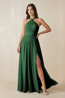 Halter Neck Ruched A-Line Chiffon Dress in Dark Green - KissProm BRIDESMAID DRESSES