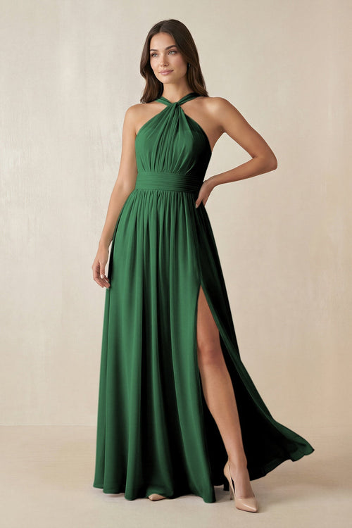 Halter Neck Ruched A-Line Chiffon Dress in Dark Green - KissProm BRIDESMAID DRESSES