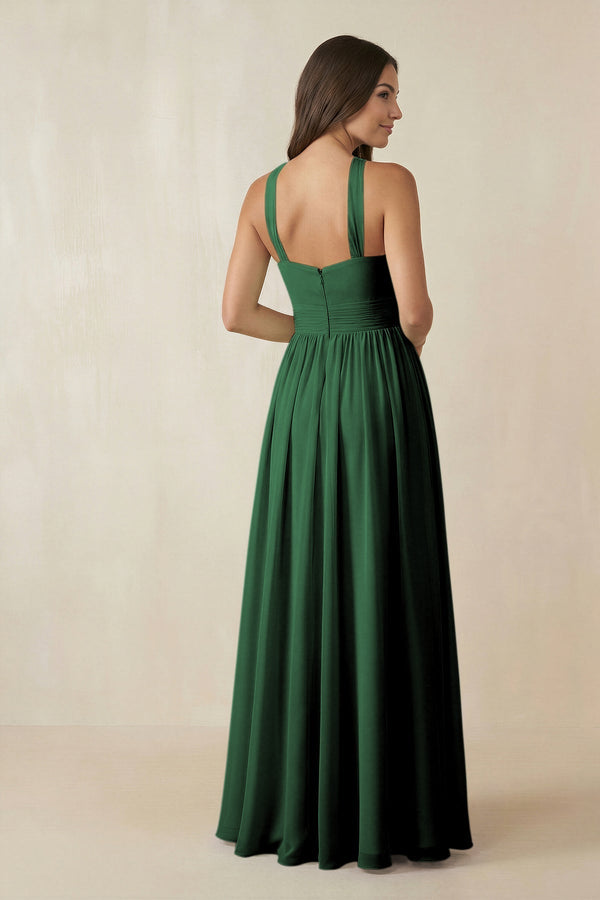 Halter Neck Ruched A-Line Chiffon Dress in Dark Green - KissProm BRIDESMAID DRESSES