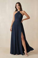 Halter Neck Ruched A-Line Chiffon Dress in Dark Navy - KissProm BRIDESMAID DRESSES