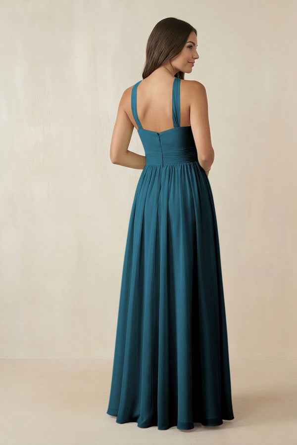 Halter Neck Ruched A-Line Chiffon Dress in Dark Teal - KissProm BRIDESMAID DRESSES