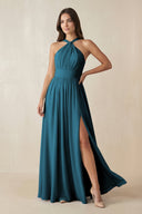 Halter Neck Ruched A-Line Chiffon Dress in Dark Teal - KissProm BRIDESMAID DRESSES