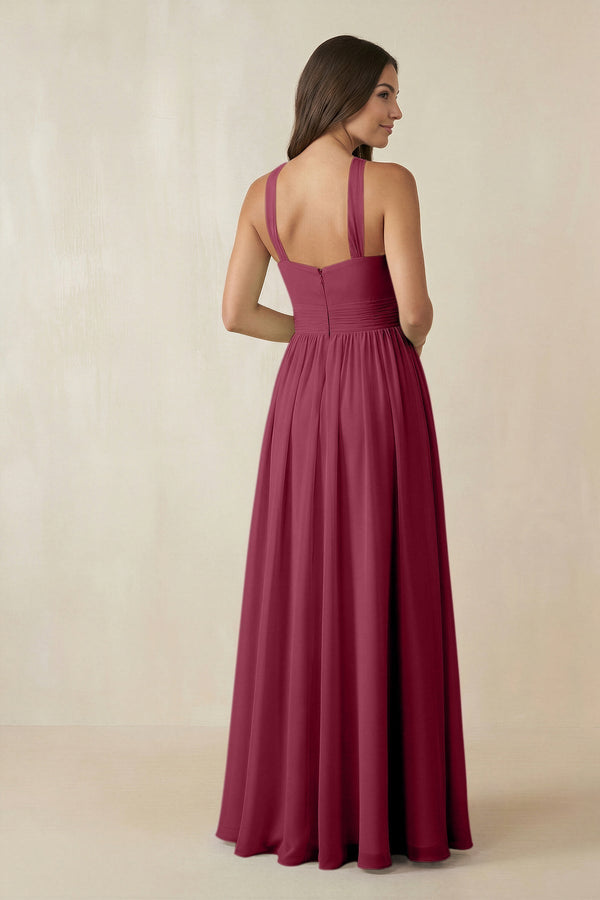 Halter Neck Ruched A-Line Chiffon Dress in Desert Rose - KissProm BRIDESMAID DRESSES